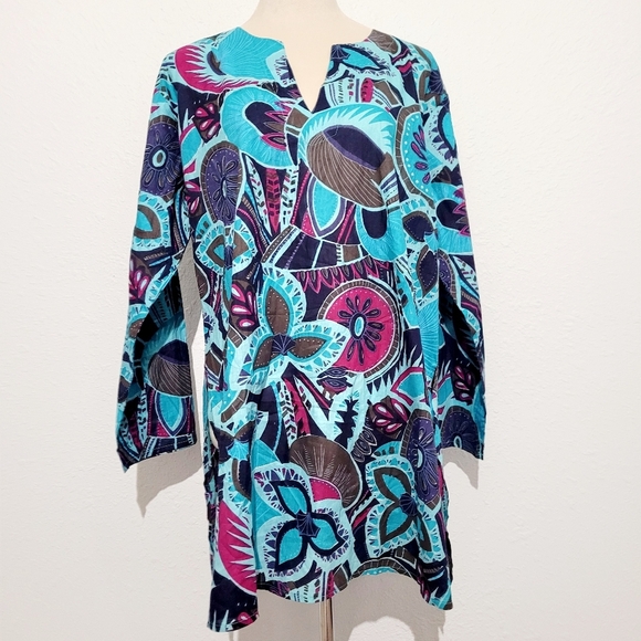 Floral Tunic Beach Cover Colorful 100% Cotton Woman's Size XL *small Tear* - Picture 1 of 9